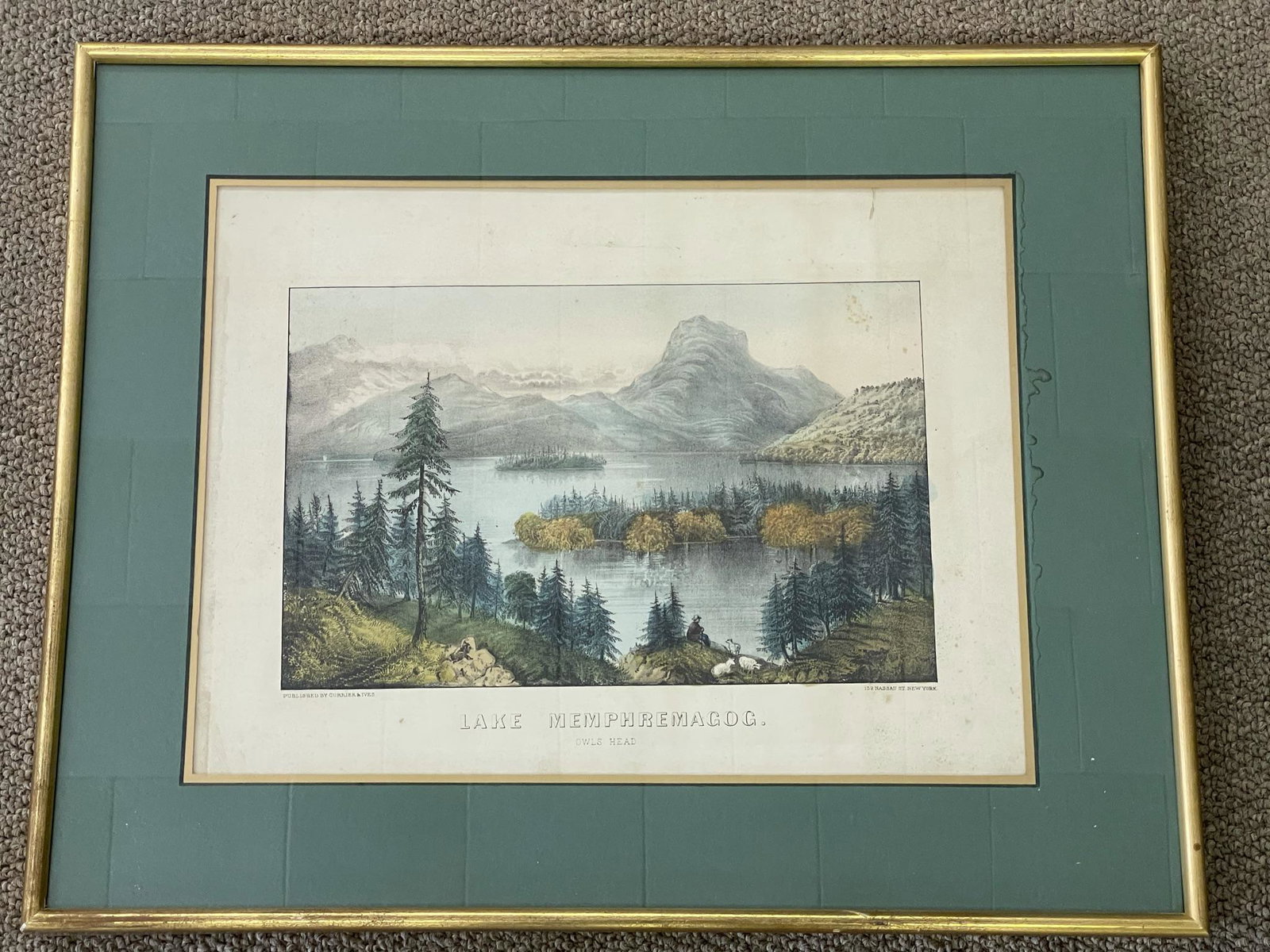 Currier & Ives "Lake Memphremagog" Owls Head: Framed and matted hand colored lithograph. Sight size 11 3/4" x 15 3/4". Overall size 17 1/2" x 21 3/4". From a private collection on Upper Saranac Lake in the Adirondacks.