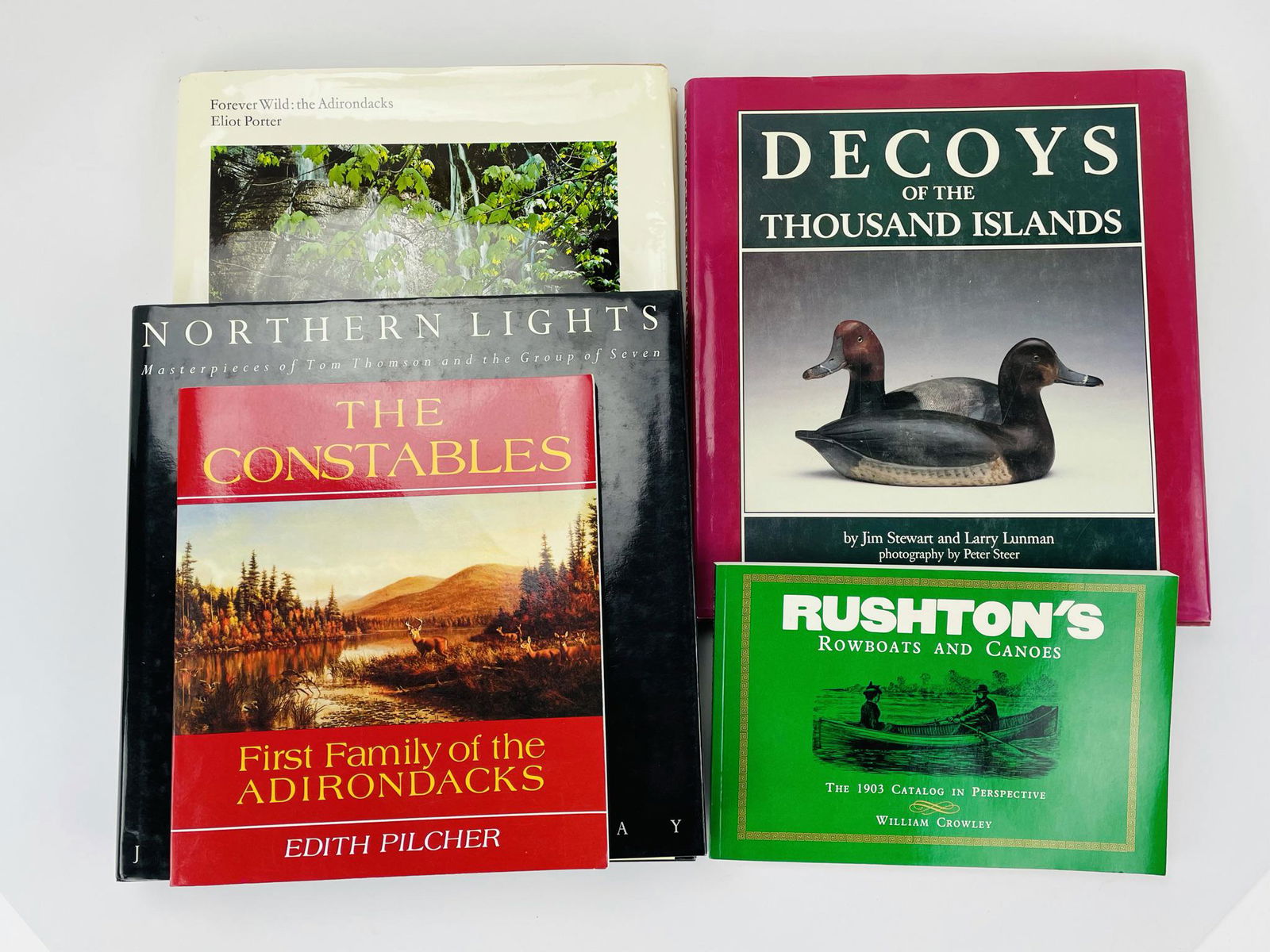 Decoy, Art, Adirondack & Rushton Books: "Forever Wild: the Adirondacks" by Eliot Porter; "Decoys of the Thousand Islands" by Jim Stewart and Larry Lunman, "Northern Lights" by Joan Murray; "The Constables" First Family of the Adirondacks so