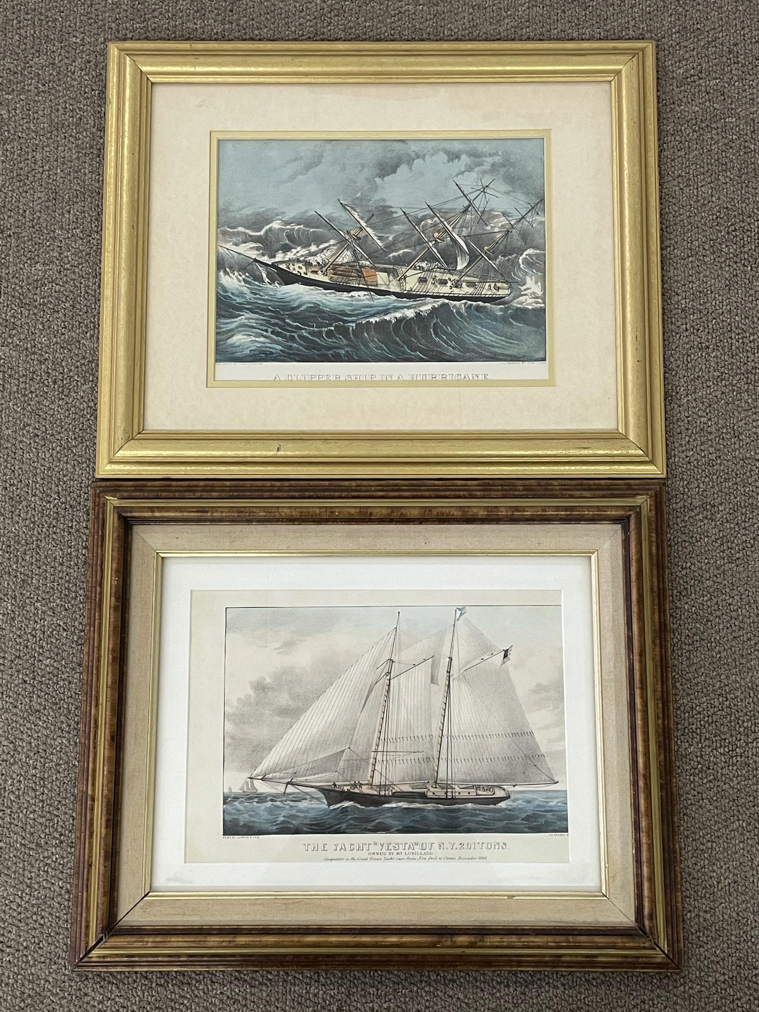 Two Framed Currier & Ives Prints: "A Clipper Ship in a Hurricane" 17" x 21" and "The Yacht Vesta of N.Y. 201 Tons" 17" x 21".