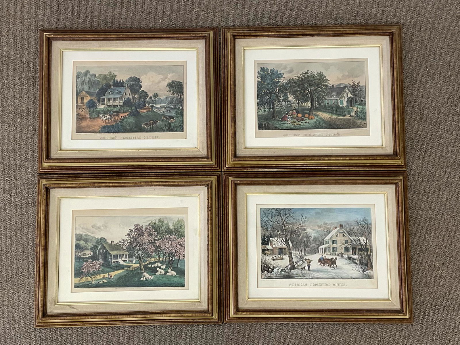 Currier & Ives The American Homestead Series: Spring / Summer / Winter / Fall. Framed and matted 17" x 21". All in good condition.