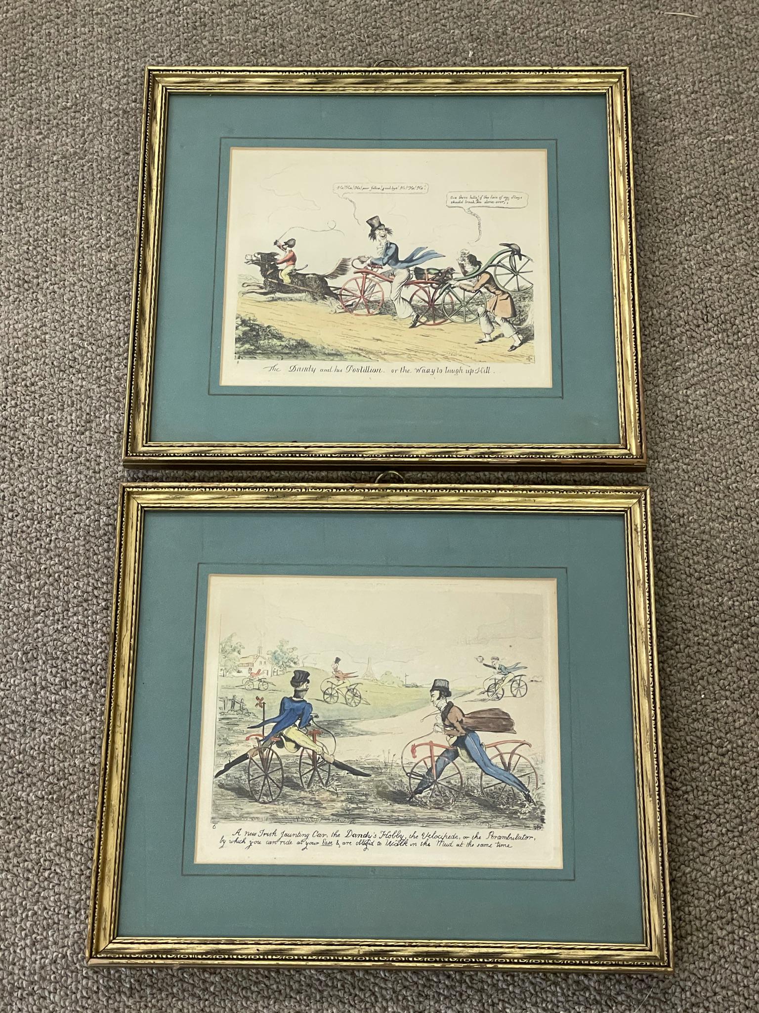 Two Framed Bicycle Chromolithographs: Cartoon like; both framed and matted; 13" x 15"; in good condition.