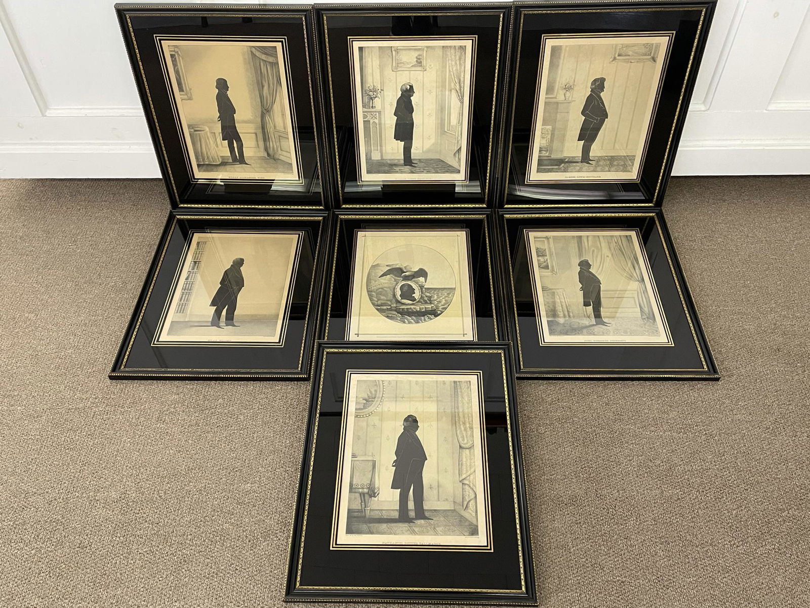 Set of 6 Framed Silhouettes: 22" x 17 1/2". Henry Alexander Wise; William Henry Harrison; Sila Wright; Washington; Samuel Lewis Southard; Joel Roberts Poinsett; Nathaniel Potter Tallmadge.