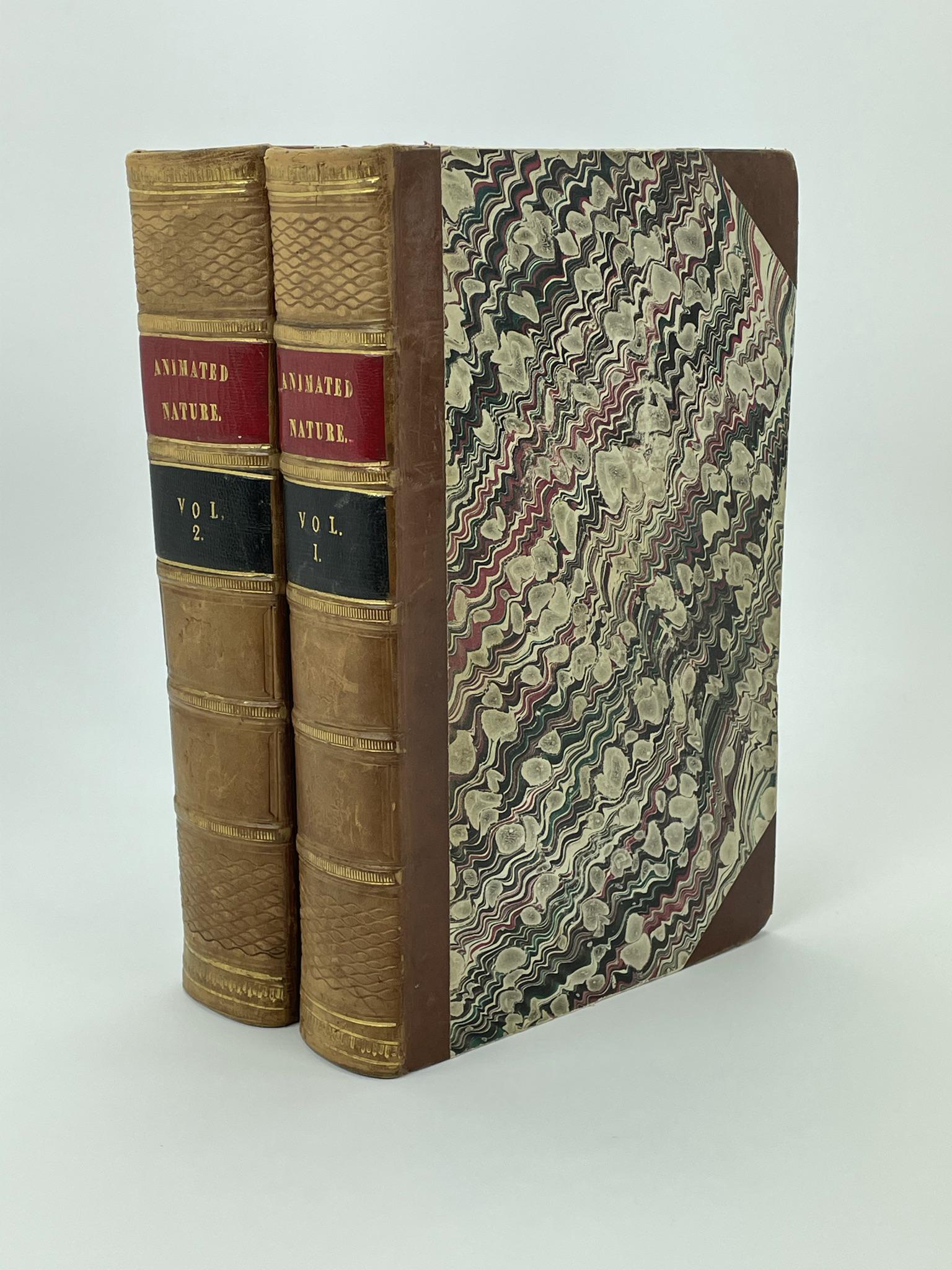 History of the Earth & Animated Nature, Goldsmith: Oliver Goldsmith Volume 1 and 2 with 36 hand colored plates and numerous wood engravings. 1853. Leather bound and marbleized boards.