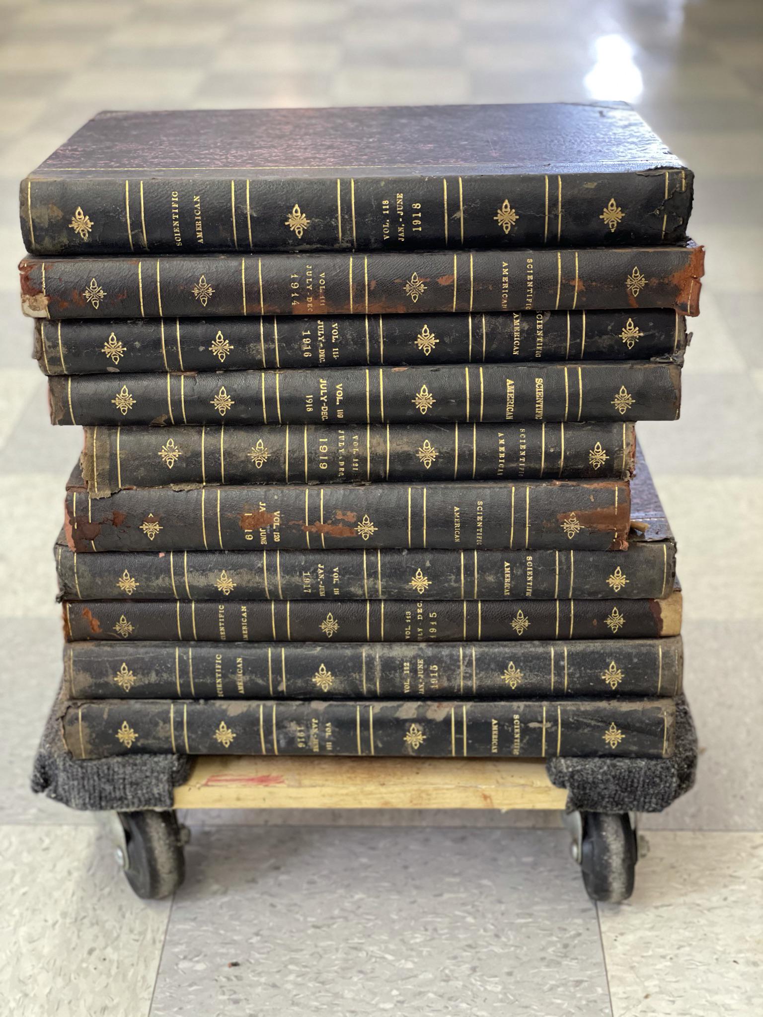 Scientific American 1915-1920 Leather Bound Volume: 10 volumes, 16" x 11", filled with advertisements and colored illustrations. Lots of vintage advertising ads.