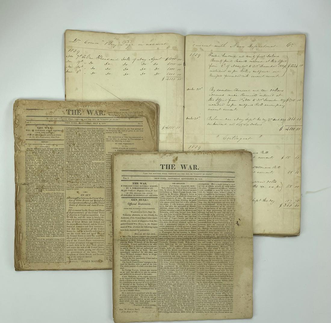 War of 1812 Newspaper. THE WAR.: New York: Published sequence of 24 loose issues, viz.: Vol. 1, no. 2 (4 July 1812) to vol. 1, no. 25 (12 Dec. 1812), sequentially paged 7-108. Quarto (11 1/2” x 9 1/2”). With several manuscript in