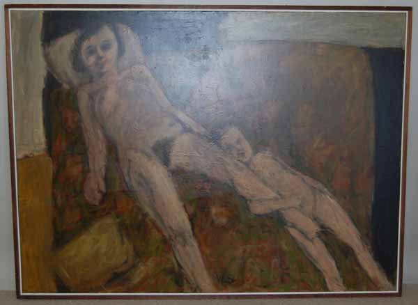 Whitney Lee Savage (1928-1998) oil on canvas: "Fraulein with Child" - Dated March 1959 50" x 68" Old repair to canvas behind lady's shoulder. Deaccessioned from the Richard F. Brush Art Gallery, St. Lawrence University in upstate NY.