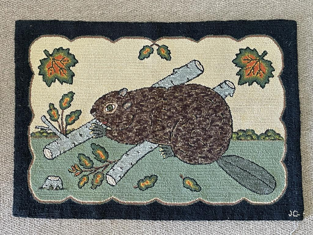 Beaver Hooked Rug Signed J.G. (1 of 3)