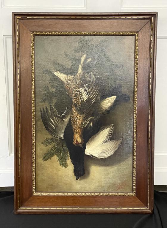 Von Valenzi Oil Painting of Hanging Game Birds: Dated 1891. Oil on canvas mounted on masonite. Overall size 30" x 42 1/2". Sight size 21" x 33 3/4".
