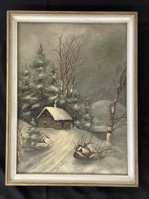 Log Cabin Winter Scene Oil on Canvas Painting (1 of 2)