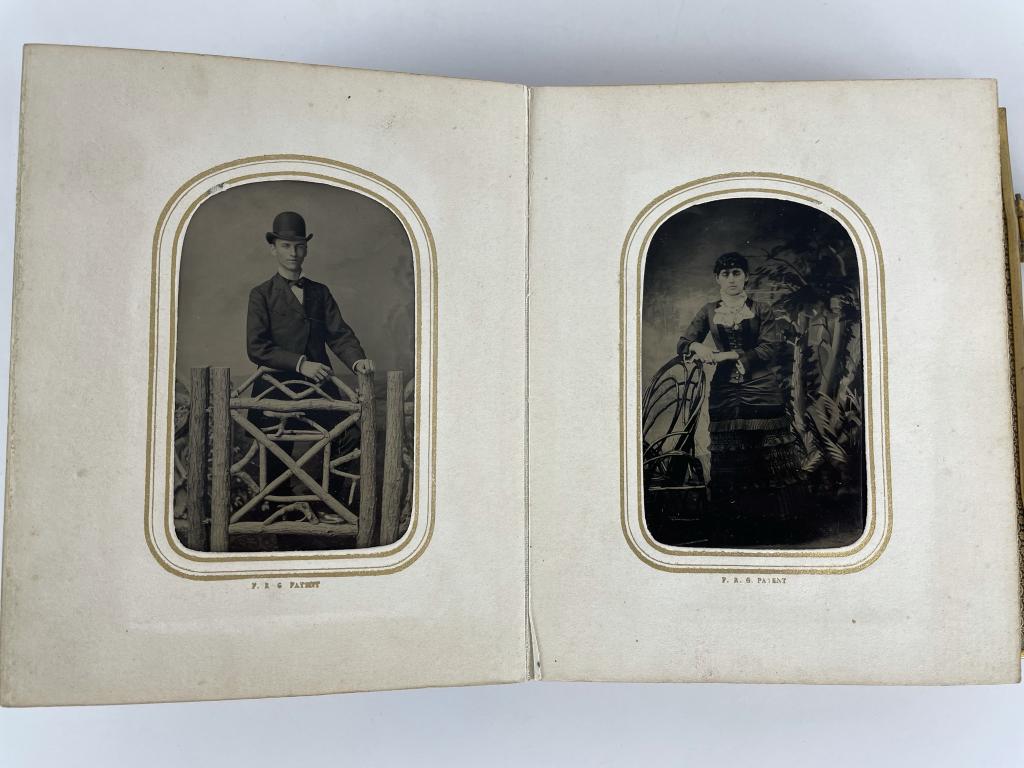 50 Early Tin Type Portraits w/ Rustic Props: From the Ralph Kylloe Collection, Lake George, NY. Album is 4 3/4" x 6" tall.