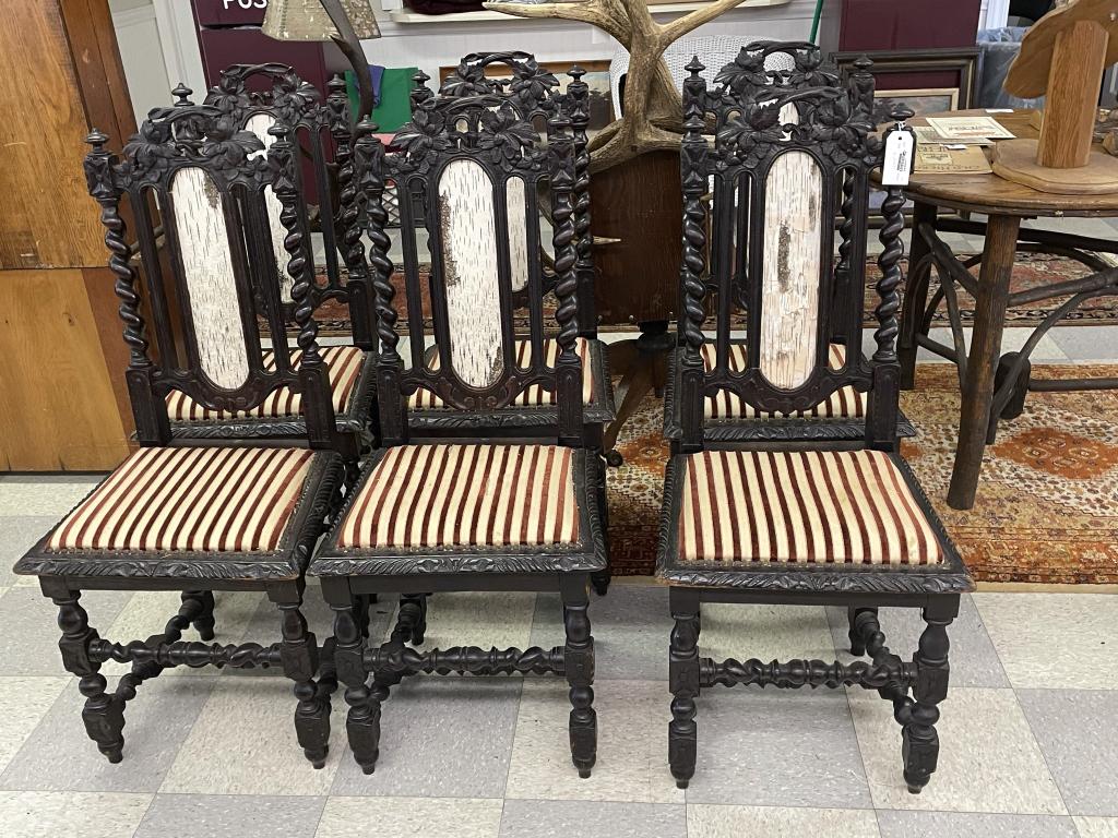 Set of 6 Barley Twist and Carved Dining Chairs: with white birch panels & upholstered seats.