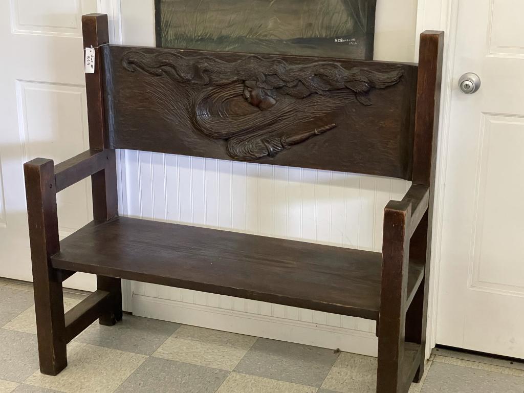 Mission Oak Waiting Bench w/ Carved Back (1 of 5)