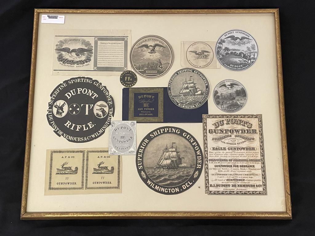 DuPont Gun Powder Advertising Collage: includes: some original DuPont Advertising labels. 12 advertising pieces total. Overall size 24" x 29".