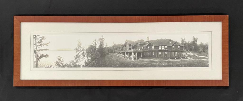 Adirondack League Club Panoramic Framed Photo: by H.M. Beach. Professionally framed and matted. Overall size 13" x 39". Little Moose Lake, Old Forge, NY. Date of image1914.