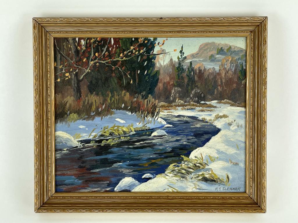 Robert Sleicher Oil on Board Winter Brook Scene (1 of 4)