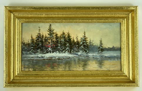 Wayne Cooper Oil on Board Winter Evergreen Scene: in contemporary gold frame, signed lower left, painting in very good condition. Overall size 11" x 18". Sight size 6 1/2" x 13 1/2"