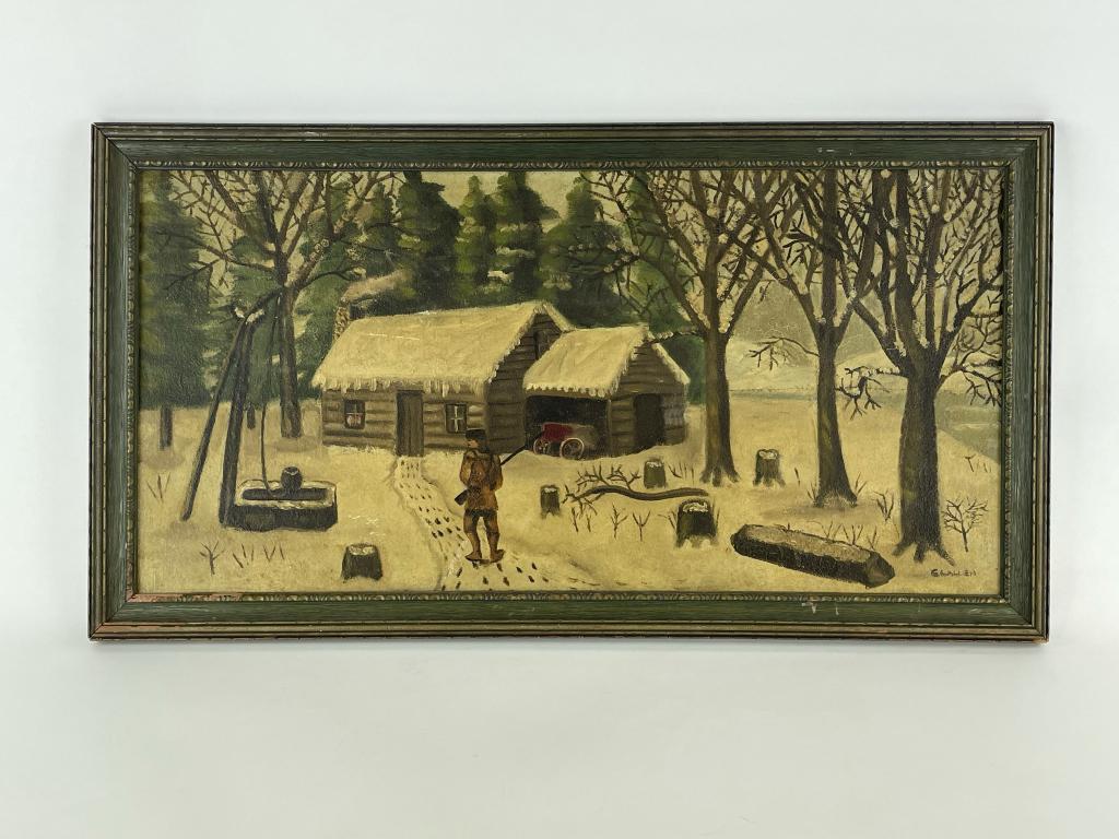 Winter Log Cabin Scene Oil on Board Painting (1 of 4)