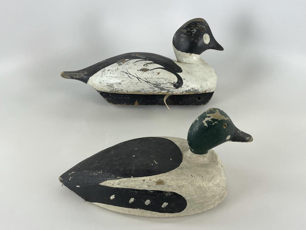 2 Whistler Duck Decoys: Larger one marked Ken Harris. Both working decoys and are in as found condition.