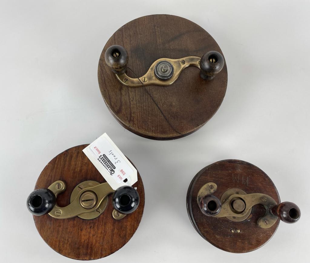 3 Brass & Mahogany English Fishing Reels (1 of 1)