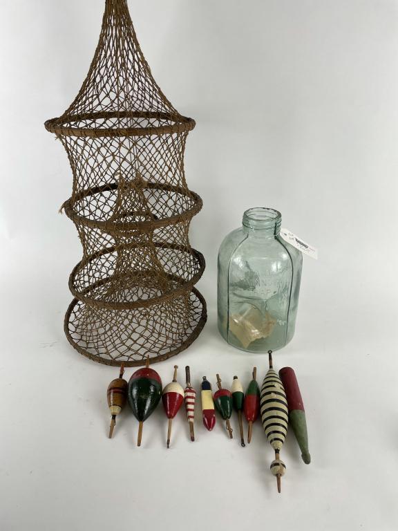 Glass Minnow Trap, Vintage Bobbers, Net Fish Trap (1 of 4)