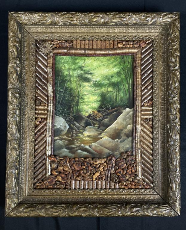 Rhea Haggart "Roaring Brook, Keene Valley, NY": Rhea Haggart Costello oil on canvas painting of mountain lion dated 2005, titled "Roaring Brook, Keene Valley, NY". Overall size 21 1/2" x 25 1/2".