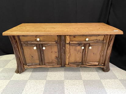 Norseman Designs West Buffet: Contemporary Molesworth Style High Quality Cabinet made of Juniper legs and trim, pine case and 2 inch thick solid oak top. John Gallis, Cody, WY. 71" wide x 27 1/2" deep x 31" tall.