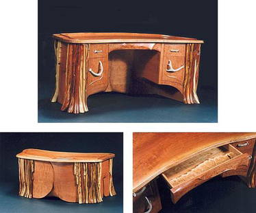 Norseman Designs West Box Cannon Desk: made iby John Gallis in Cody, WY, in the Western Style of Thomas Molesworth. This desk is a true work of art, made of solid cherry with juniper trim and antler pulls. This piece is of museum quality a