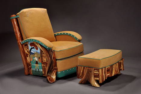 Studebaker Route 66 Club Chair & Ottoman: Award-Winning Chair and Ottoman by John Gallis of Norseman Designs West in Cody, WY. Features a leather panel by Lisa Sorrell and stitch work by Ryder Gauteraux. In the style of Thomas Molesworth. Thi