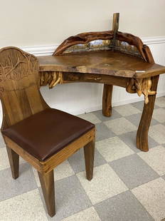 Norseman Designs West Corner Desk & Chair: Western desk in the molesworth style made by John Gallis in Cody, WY. Gallery is hand painted by Guy Rowbury. Made of juniper and walnut. 45" wide x 34" x 45" tall. Comes with a molesworth style walnu