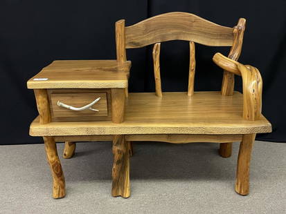 Norseman Design West Waiting Bench w/ Stand: John Gallis, Cody, WY. Made of walnut and juniper, whitetail antler drawer pull, 49" wide x 21" deep x 39" high. In very good condition, few minor blemishes.