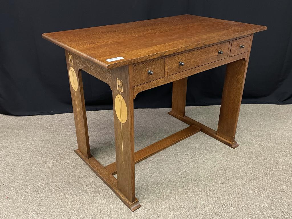 Stickley Harvey Ellis Design Writing Desk: 3 drawer desk with H stretcher base and shoe feet, quarter sawn oak, inlaid sides, 42" x 24" x 30". It is marked 89-472