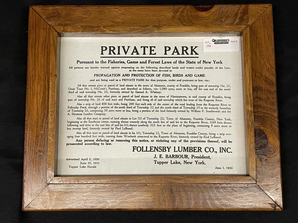 1933 Follensby Lumber Co. Private Park Sign (1 of 2)