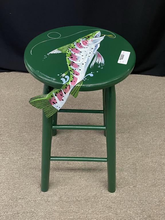 Fish Painted Stool by B. Hauserman: Dated 1997. 24" tall x 13" diameter top.