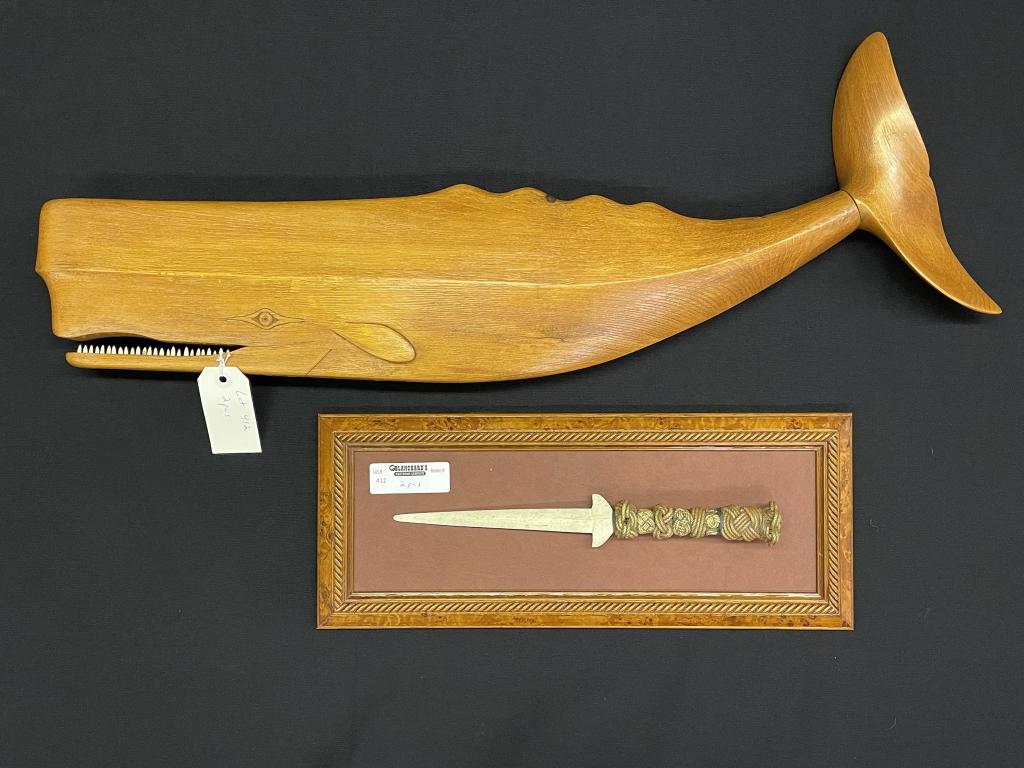 Sailor's Letter Opener & Wooden Carved Whale: with a rope knot handle. 12 1/2" long. Framed 7" x 17 1/2" . Whale is 31" long marked Chaffee.