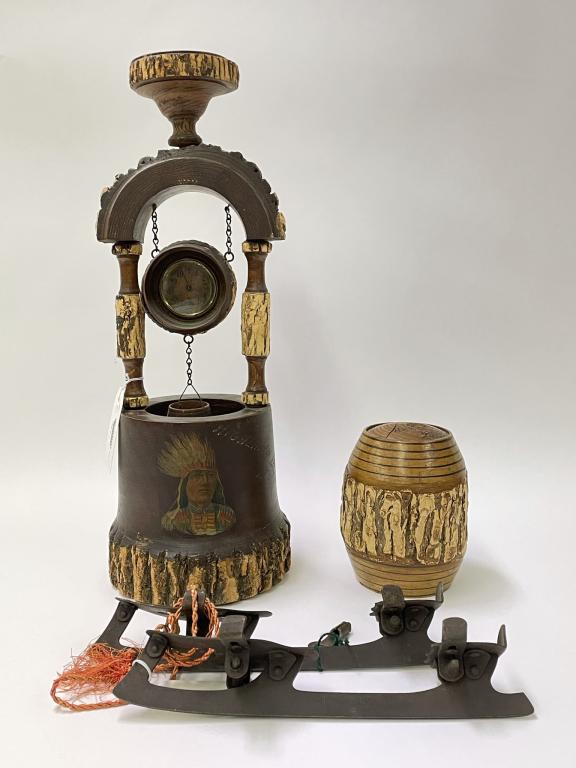 Woodenware Wishing Well, Bank & Ice Skates: wishing well is 20" tall. Ice skates made by the Union Hardware Company. Bank is 6 1/2" tall.
