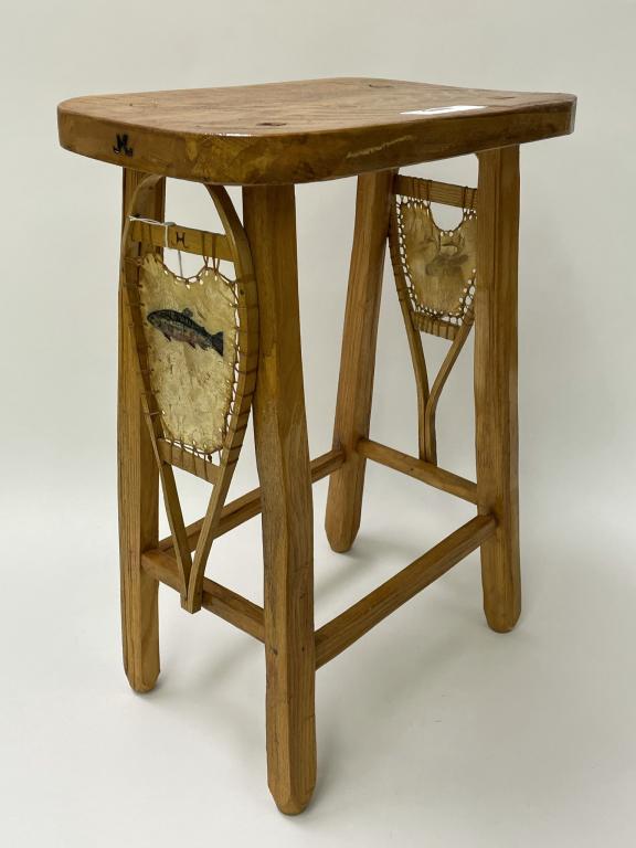 Jack Leadley Camp Stool w/ 2 Paintings on Rawhide (1 of 5)