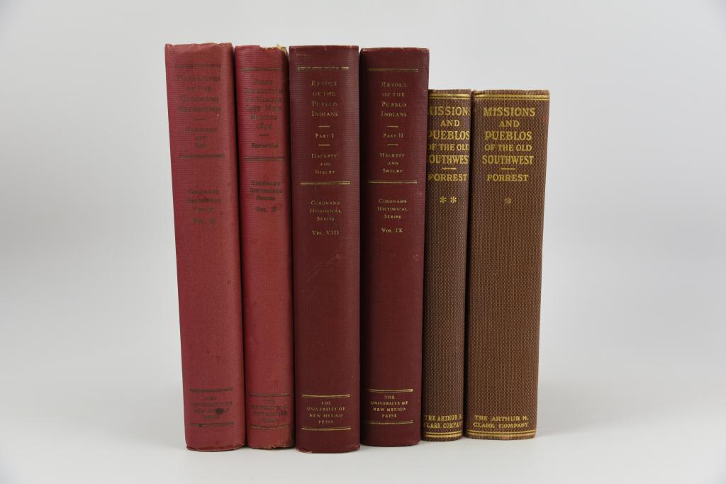 Southwestern Americana. 4 works in 6 vols.: Forrest, Earle R. Missions and Pueblos of the Old Southwest. Cleveland: The Arthur H. Clark Co., 1929. 2 vols, very good in orig. cloth, with tipped-in AUTOGRAPH LETTER signed Earle R. Forrest Aug. 14