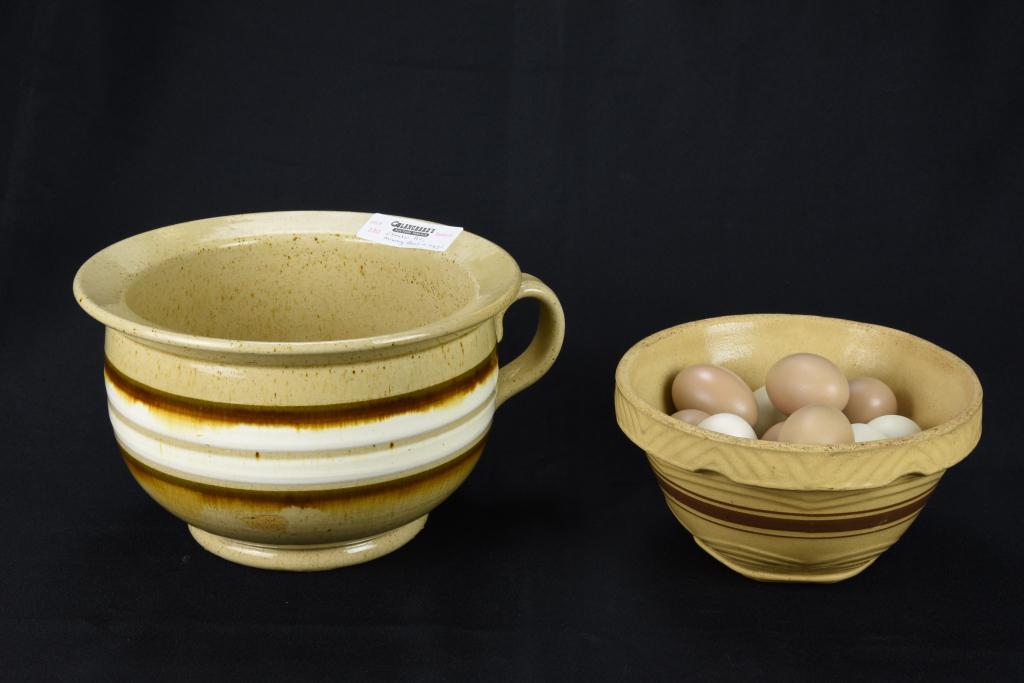 Yelloware Brown Banded Mixing Bowl & Chamber Pot: also includes 14 artifical eggs. Mixing bowl is 8" diameter and chamber pot is 10" in diameter. Both in good condition.