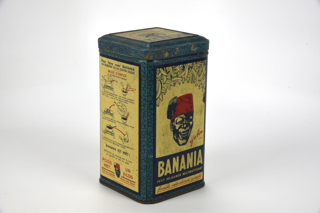 Banania Advertising Tin: 7" tall. With printed recipe in French. From the collection of Marilynn Brass, Cambridge, MA. Marilynn is one of the Brass Sisters and known for their television PBS Series "The Food Flirts". Many of