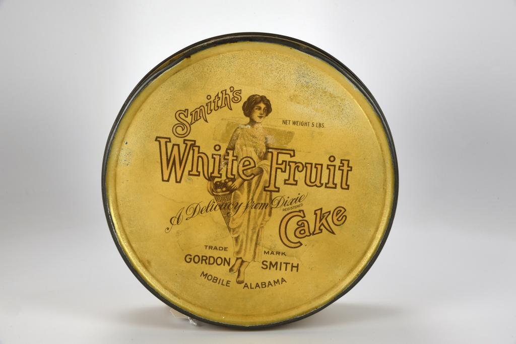 Smith's White Fruit Cake Tin: Mobile, Alabama. 10" diameter. From the collection of Marilynn Brass, Cambridge, MA. Marilynn is one of the Brass Sisters and known for their television PBS Series "The Food Flirts". Many of the items