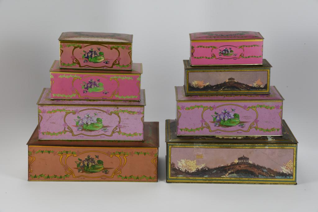 8 Louis Sherry Tins: NY-Paris. Range is size from 11 1/4" to 6 1/4" wide. From the collection of Marilynn Brass, Cambridge, MA. Marilynn is one of the Brass Sisters and known for their television PBS Series "The Food Flir