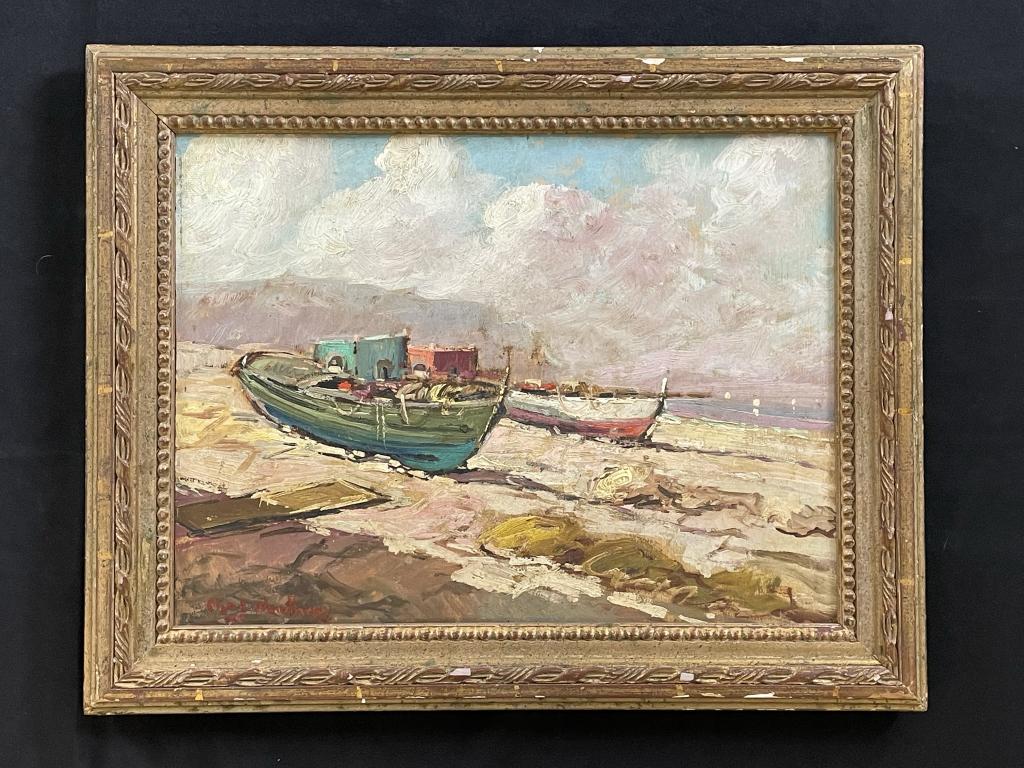 Charles Woodbury Coastal Scene Painting: Oil Painting on Masonite in original frame. Rockport, MA. Overall size 19 1/2" x 15 1/2". Sight size is 15 1/2" x 11 1/2"