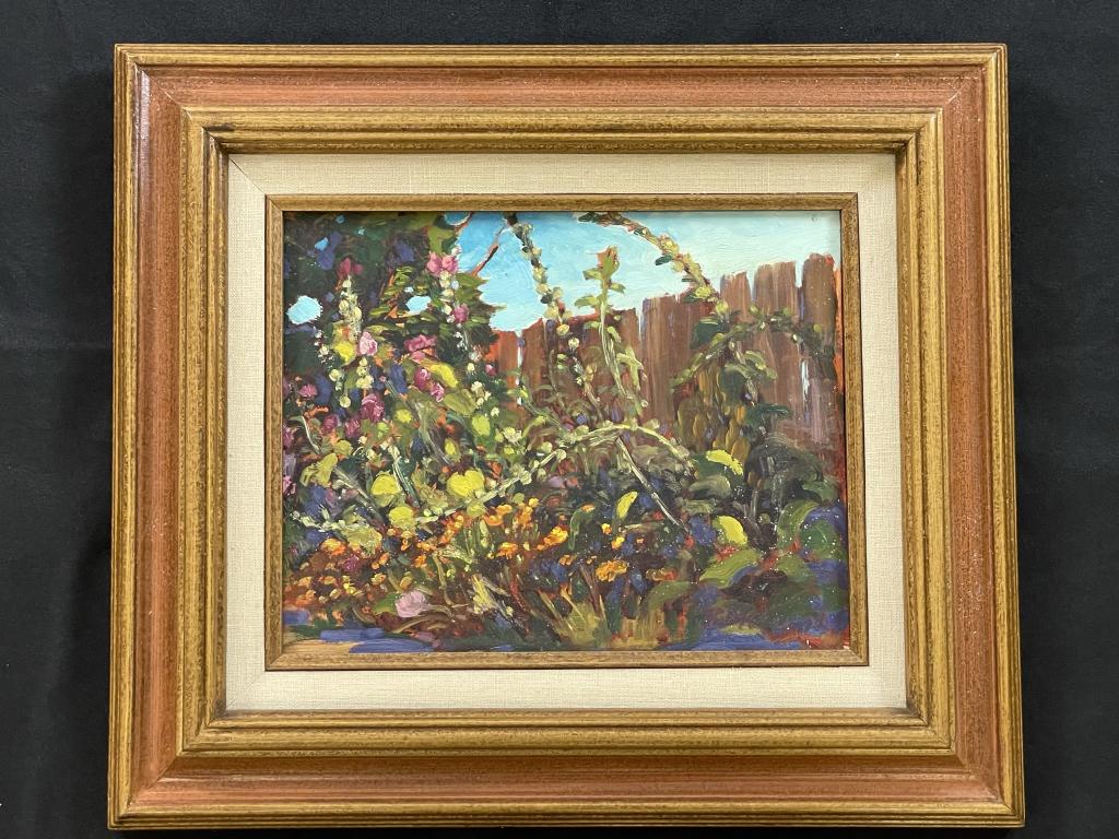B. McCuan "Ernie's Hollyhocks" Oil on Masonite: Overall size 15 1/2" x 13 1/2".