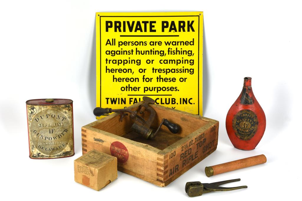 Vintage Powder Tins & Ammo Boxes: includes: 2 early gun powder tins - Dupont and Curtis & Harveys. Winchester .300 Savage early 2 pc box, Remington Arm Rifle 9 1/4" x 9 1/4" wooden box and a 12 ga. Reloading tool and a Private Park Ti
