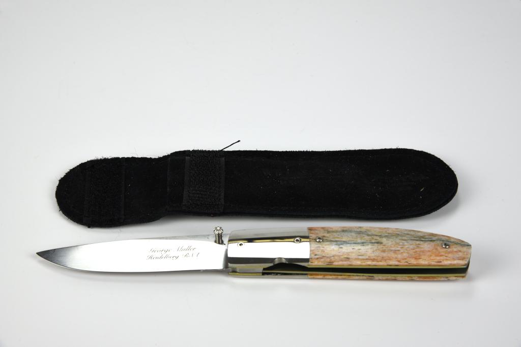 George Muller Folding Knife: 6 1/2” open, 2 7/8” blade, marked “George Muller Heidelberg R.S.A.”, Ex condition, appears unused, with a Case sheath.