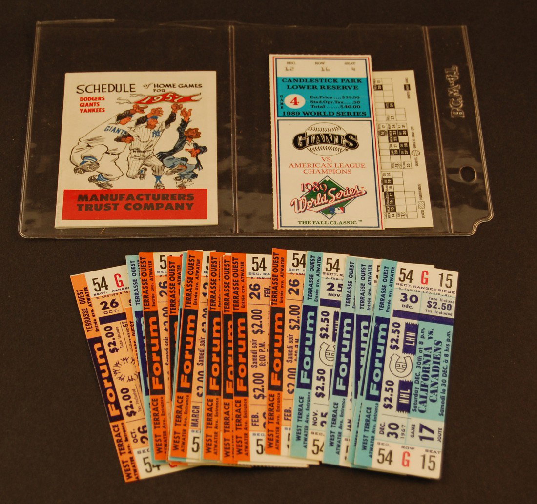 1957 Baseball Schedule and Ticket Stubs: 1957 Baseball Schedule (Dodger, Giants, Yankees) and Numerous Montreal Forum and other Ticket Stubs
