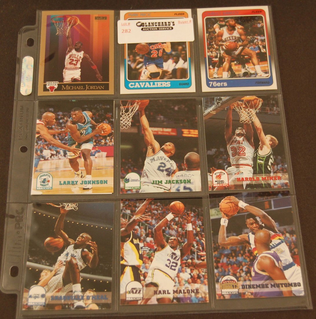 9 NBA Basketball Cards - Star Players: Michael Jordan, Mark Price, Charles Barclay, Larry Johnson, Jim Jackson, Harold Miner, Shaquille O'Neal, Karl Malone, Dikembe Mutombo