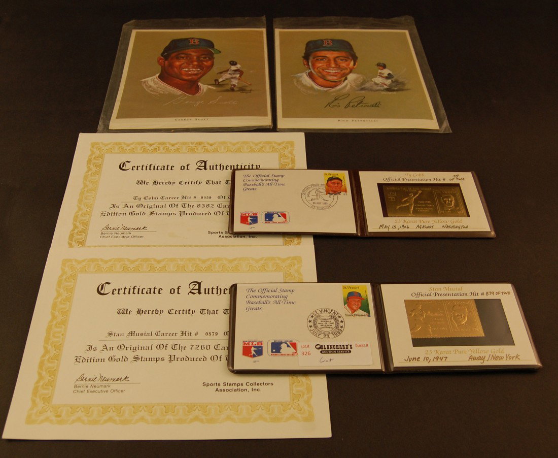 First Day Issue Stamp - Ty Cobb and Stan Musial: along with two 8 x 10 Atlantic gas baseball pictures