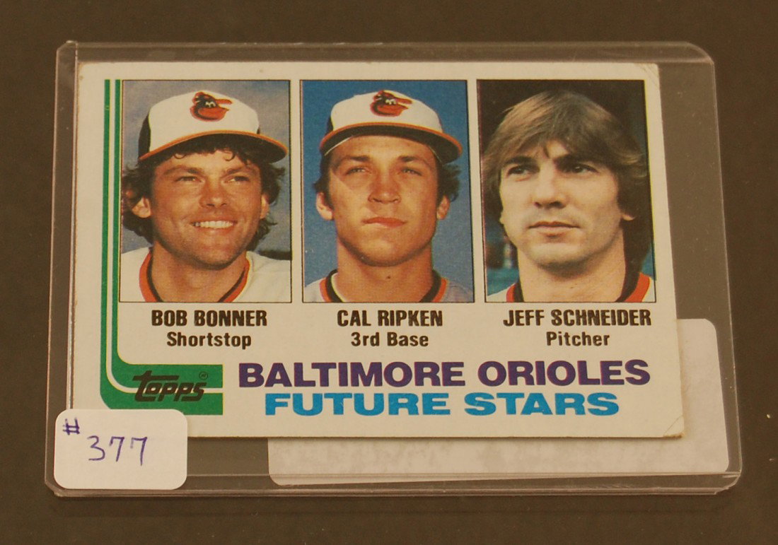 Topps 1982 Future Stars Baseball Card: Bob Bonner, Cal Ripken, Jeff Schneider. Cal Ripken Jr Rookie Card No 21