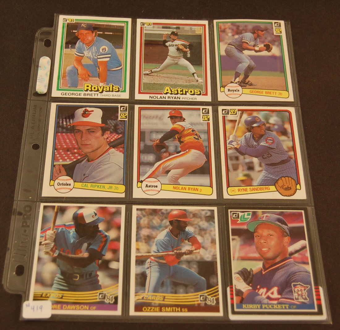 9 Donruss 1981-1983 Baseball Cards: 2 George Brett, 2 Nolan Ryan, Cal Ripken Jr, Ryne Sandberg, Andre Dawson, Ozzie Smith, Kirby Puckett